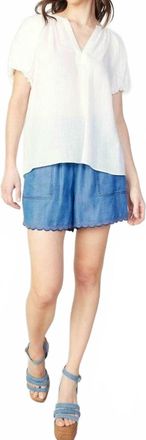 Current Air Gathered Detail Split-Neck Short-Sleeve Blouse In White