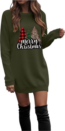 Generic Christmas Dresses for Women Ladies Christmas Dress Round Neck Xmas Graphic Print Long Sleeve Jumper Dress Casual Jumper Long Sleeve Winter Mini Casual