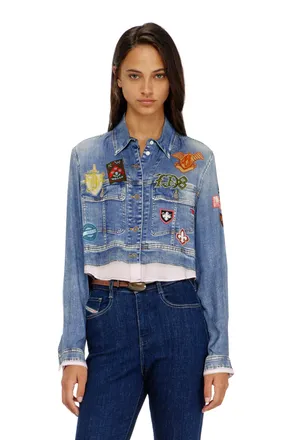 Diesel Cropped satin shirt with trompe-loeil denim print - Shirts - Woman