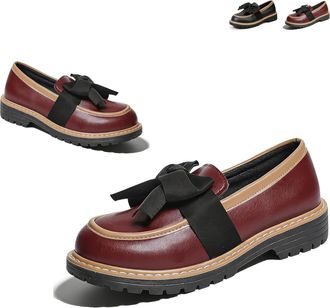 Generic Womens Patent Bowknot Thick Sole Loafers Fashion Round Toe Lug Sole Low Block Heel Elegant Dress Shoes Non-Slip Loafers for Office Business Work Every