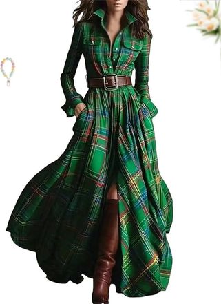 Generic Plaid Maxi Dress for Women, Long Dress Vintage V-Neck Long-Sleeve Pastoral Style Dresses with Pockets, Western Dresses (L,L)