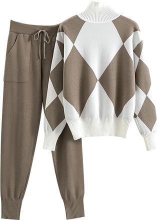 Generic Knitted Co Ord Set Women Tracksuit Womens Full Set Straight Leg Thermal Fleece-Tracksuit Womens Full Set Wide Leg Track Suit Wearable Comfy Ladies Tra