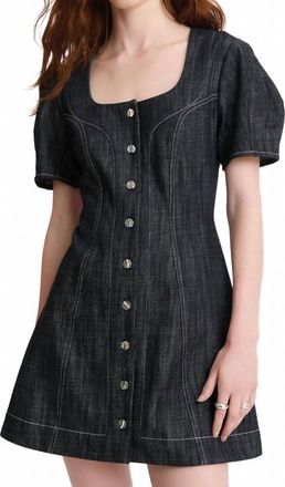 Matthew Bruch Womens Apron Puff Sleeve Mini Dress In Black Denim