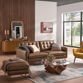 Castlery Brown Full Leather 3 Seater Sofa with Ottoman, Grid Tufted Cushion | Isaac by Castlery