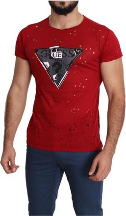Guess Tops, Heren, Rood, L, Katoen, T-shirt met ronde hals en korte mouwen