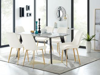 Furniturebox Andria Marble Effect Dining Table With Black Legs & 6 Pesaro Velvet Gold Leg Chairs in Cream
