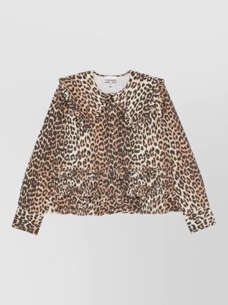Ganni leopard-print organic cotton ruffled blouse