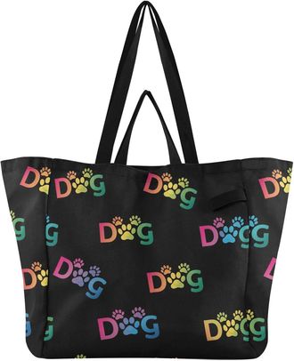 Generic Dogs Paw Rainbow Gradient pattern Reusable Canvas Tote Bag, Heavy Duty Grocery Shopping Bag with Hard Bottom Double Handles Large Capacity Work Grocer