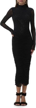 AFRM Cruz Rhinestone Long Sleeve Mesh Midi Dress in Noir at Nordstrom Rack, Size X-Large