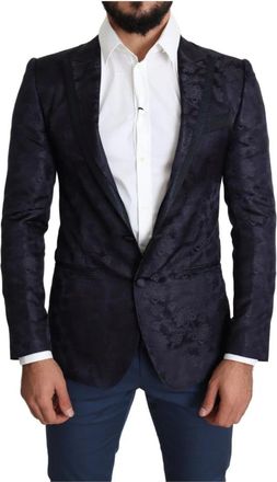 Dolce & Gabbana Blauwe Bloemen Jacquard Zijden Martini Blazer - Heren - Blazers - Blauw - XS - Wol - Jassen