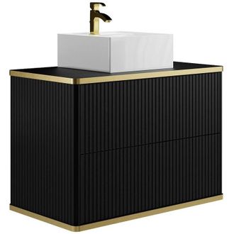 Vente-Unique Mobile per bagno sospeso con scanalature con profilo Dorato e lavabo da appoggio Nero 80 cm - keliza