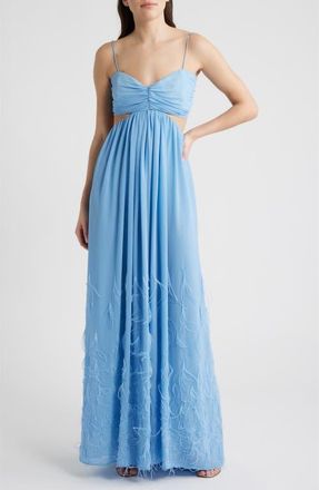 Delfi Eli Cutout Feather Trim Gown in Baby Blue at Nordstrom, Size X-Large