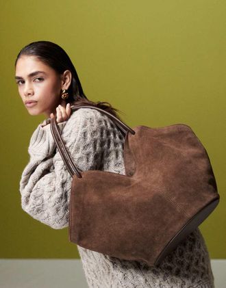 Asos suede tubular knot handle tote bag in chocolate-Brown