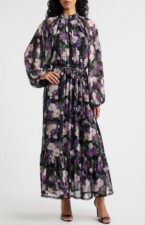 En Saison Jasmine Floral Tie Waist Maxi Dress in Black Purple Maue at Nordstrom, Size X-Small