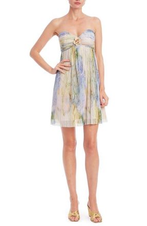 Badgley Mischka Marble Floral Print Strapless Cocktail Dress in Blue Multi at Nordstrom, Size 16