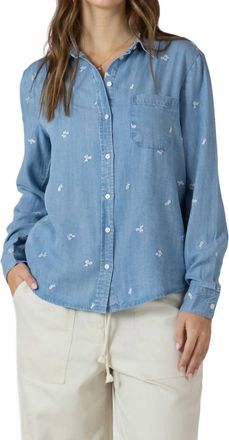 Dex Clothing Dailey Embroidered Button-Front Shirt In Medium Blue Wash/white Petal