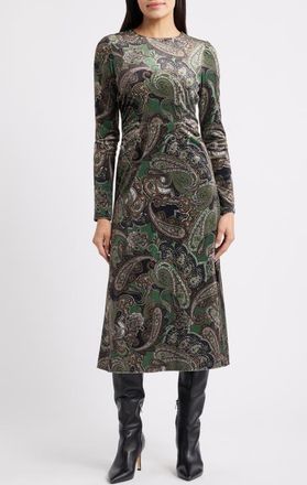 Julia Jordan Paisley Long Sleeve Velvet Midi Dress in Green Multi at Nordstrom, Size 10