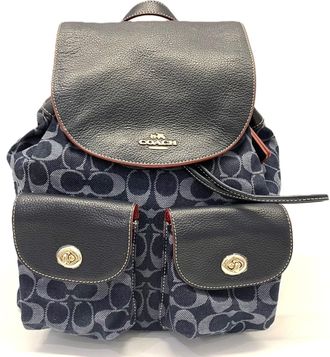 Coach Signature Navy Jacquard Leather Backpack (Pre-Owned)