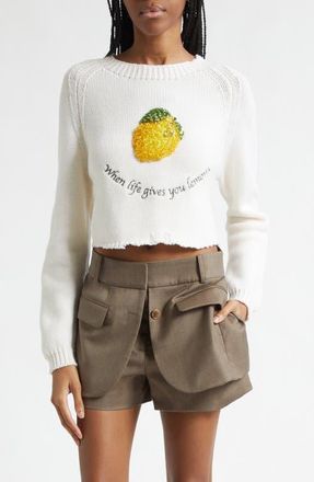 Monse Back Lacing Beaded Crop Extrafine Merino Wool Sweater in Ivory at Nordstrom, Size Small