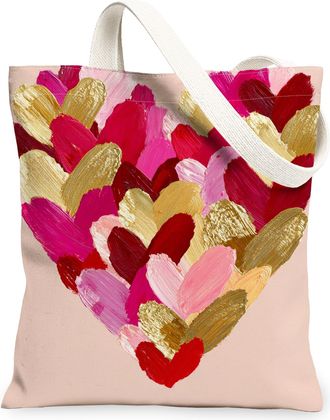 Generic Hearts Pattern Canvas Tote Bags, Colorful Love Design Reusable Grocery Bags, Romantic Vintage Lightweight Washable Shoulder, Peach, 13x15 Inch