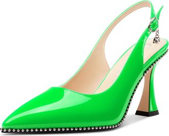 Castamere Womens Slingback Kitten Heel Close Pointed Toe Pumps Court Shoe Chunky Wedding Party Dress Shoes 9 CM Heels Bright Green 3.5 UK