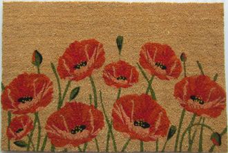 Imports Decor Poppy Flower Coir Door Mat, Red Floral Garden Coconut Fiber Doormat with Non-Slip PVC Backing, Indoor Outdoor Entrance Rug
