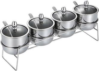 OEM Azucarero De Acero Inoxidable 304, Latas Con Tapa De Vidrio Sellada, Cuchara Y Ranura, Botes Redondos Para Especias, Brillante, 4 Rectos