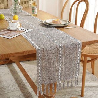 No Brand Camino De Mesa, Estilo Bohemio, Color Crema, Estilo R&uacute;stico, Con Borlas, Lavable, Ideal Para Fiestas, Cumplea&ntilde;os Y Bodas, Con 6 Rayas Marrones, 33 X 2