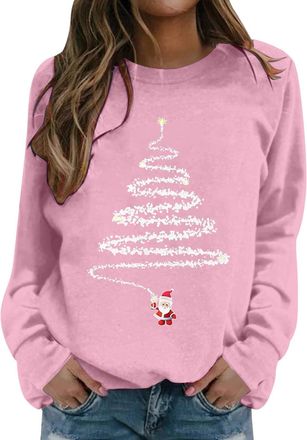 Generic Christmas Tree Jumper Women Long Sleeve Pullover Xmas Tree Print Sweatshirt Fleece Lined Sweaters Tops Crewneck T-Shirt Winter Autumn Casual Jumpers C
