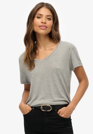 Superdry T-Shirt SUPERDRY STUDIOS SLUB EMB VEE TEE, Damen, Gr. M, silber metallic, Single Jersey, Obermaterial: 95% Viskose, 4% Polyacryl, 1% metallisierte Fas