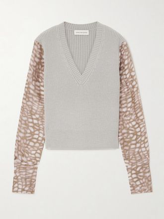 Dries Van Noten Pullover In Maglia A Coste E Raso Stampato - Grigio