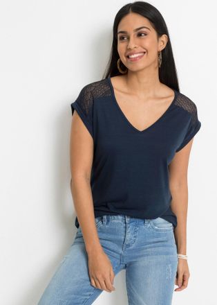 Bonprix T-Shirt BONPRIX Shirt aus Viskose-Mix, Damen, Gr. 32/34 (XS), blau (dunkelblau), Obermaterial: 95% Viskose, 5% Elasthan. Spitze: 95% Polyamid, 5% Elas
