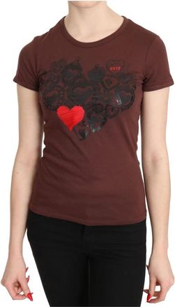 Exte Bruin Hartenprint Korte Mouw Top - Dames - T-shirts - Bruin - S - Katoen - Tops