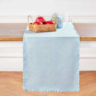 Solino Home Linen Table Runner for Dining Table, Holiday and Everyday Table Decor - Juliette Ruffle in Ice Water at Nordstrom, Size Medium