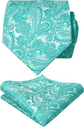 Alizeal Handmade Paisley Floral Tie with Pocket Square Set, Turquoise