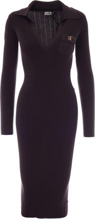 Elisabetta Franchi Long Knit Dress with Polo Collar and Embroidered Details