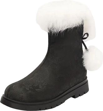 Generic Womens Casual Mid Calf Boots Round Toe Med Square Heel With Side Zipper And Floral Butterfly-Knot Accent