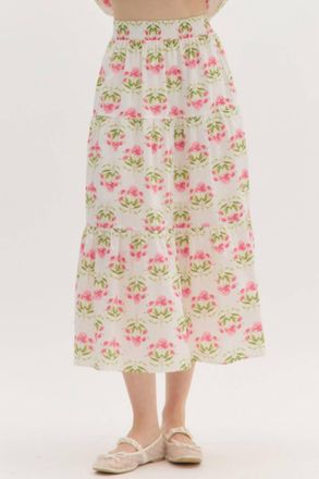 Entro Floral Tiered Midi Skirt In Cream