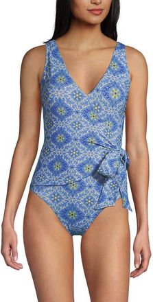 Lands End Chlorine Resistant Side Tie Wrap High Leg One Piece Swimsuit in Lake Blue/egret Geo Floral at Nordstrom, Size 14