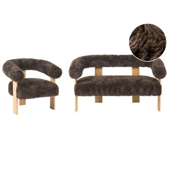 Beliani Conjunto De Sala De Estar Retro Sof&aacute; 2 Plazas Sill&oacute;n Tapizado De Pelo Sint&eacute;tico Patas De Madera Marr&oacute;n Oscuro Y Marr&oacute;n Claro Ilbro