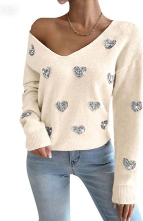 Generic Sequin Heart V-Neck Jumper Sweater for Women Shiny Glitter Embellished Knit Pullover