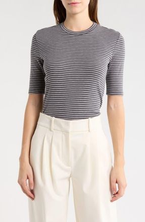 Vince Stripe Elbow Sleeve Cotton Blend Knit Top in Oceana Combo at Nordstrom, Size Xx-Small