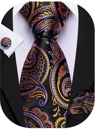Barry.Wang Mens Tie Set Paisley Silk Pocket Square Cufflinks Necktie Woven Wedding Party Purple Gold