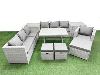Fimous 10-seater Patio 3 Seater Sofa Armchair Set with 2 Side Tables 3 Stools in Light Grey