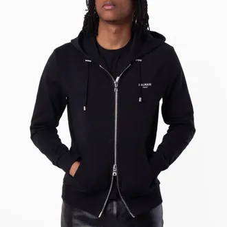 Balmain Flock Logo Zip Up Hoodie, Size Small