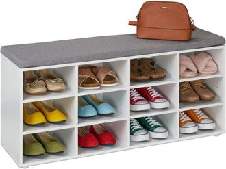 Relaxdays Panca Porta Scarpe da Ingresso con 12 Scomparti Portascarpe e Cuscino Imbottito, 48x104x30 cm, Bianco Grigio - Relaxdays