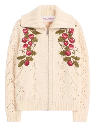 Valentino Garavani cherry-embroidered cardigan - women - Virgin Wool - S - Neutrals