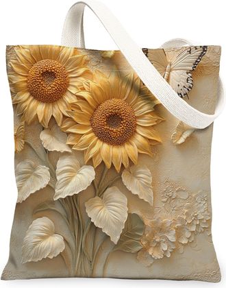 Generic Spring Relief Sunflower Flower Canvas Tote Bag for Shopping 13x15, Luxury Floral Wildflower Reusable Grocery Print Pattern Bag for Women Men, Garden A