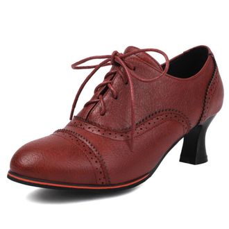 Generic Womens Vintage Oxford Mid Heel Round Toe Lace-Up Pumps with Brogue Perforated Design PU Leather Shoes for Office, Casual, Evening and Daily Wear,Red,4