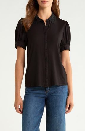 CeCe by Cynthia Steffe Scalloped Lace Collar Short Sleeve Shirt in Rich Black at Nordstrom, Size Xx-Small
